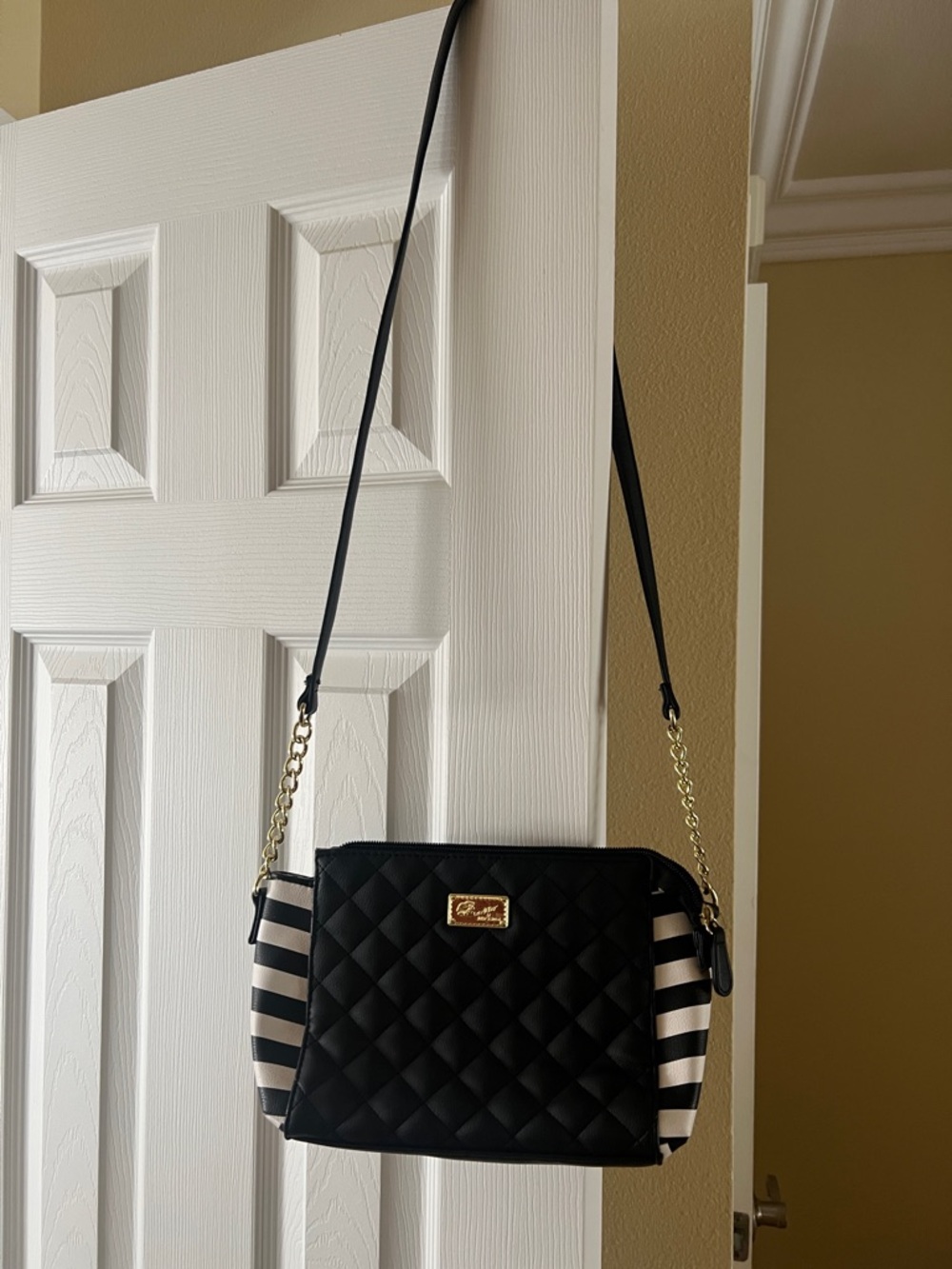 Betsey Johnson Black Quilted Crossbody with Black and Cream Striped Sides